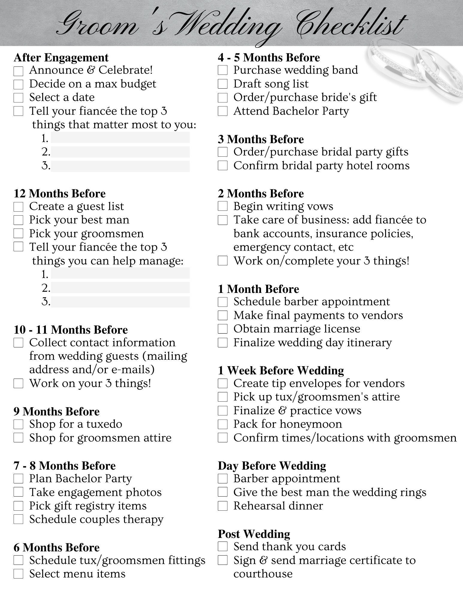 Groom s Wedding Checklist Editable Printable Instant Download