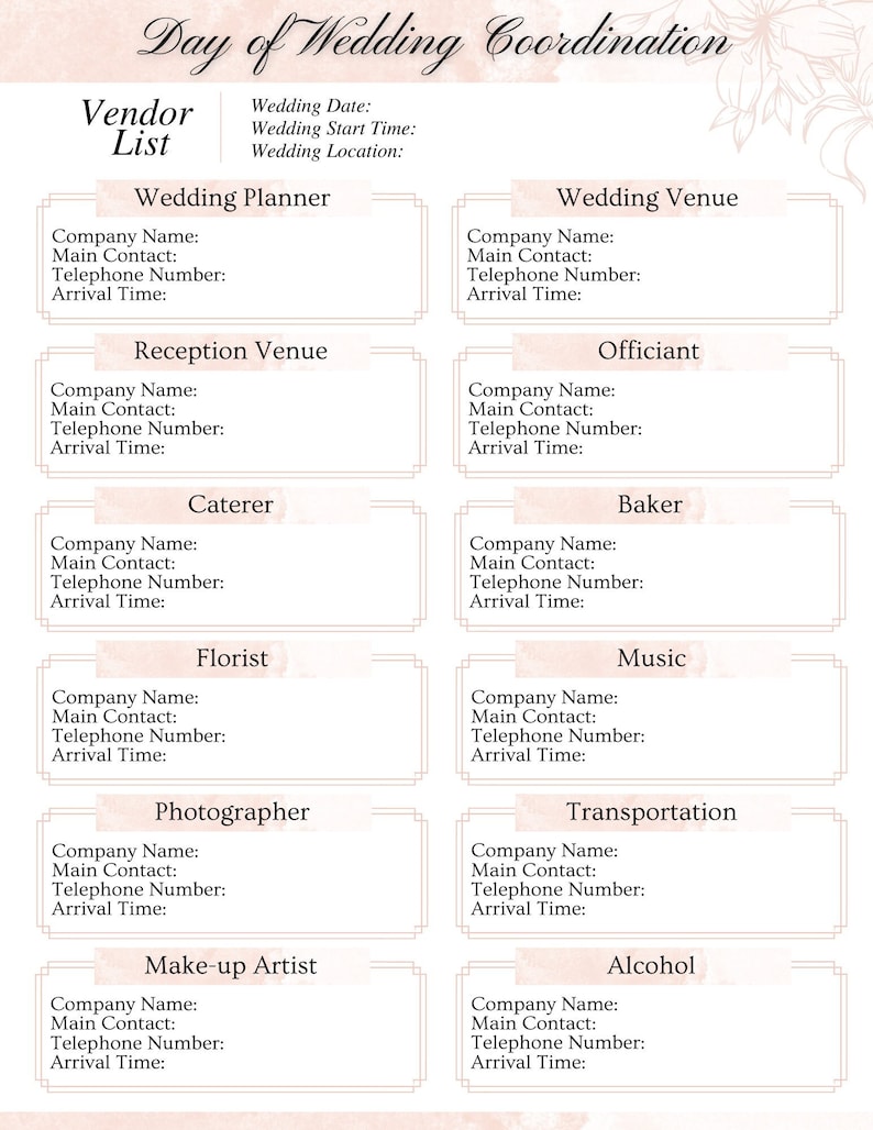 Pode incluir: Um modelo de lista de fornecedores para a coordena&ccedil;&atilde;o do dia do casamento. O documento inclui se&ccedil;&otilde;es para um planejador de casamento, local, oficial, catering, padeiro, florista, m&uacute;sica, fot&oacute;grafo, transporte, maquiador e &aacute;lcool. O documento tem um esquema de cores rosa suave e creme.