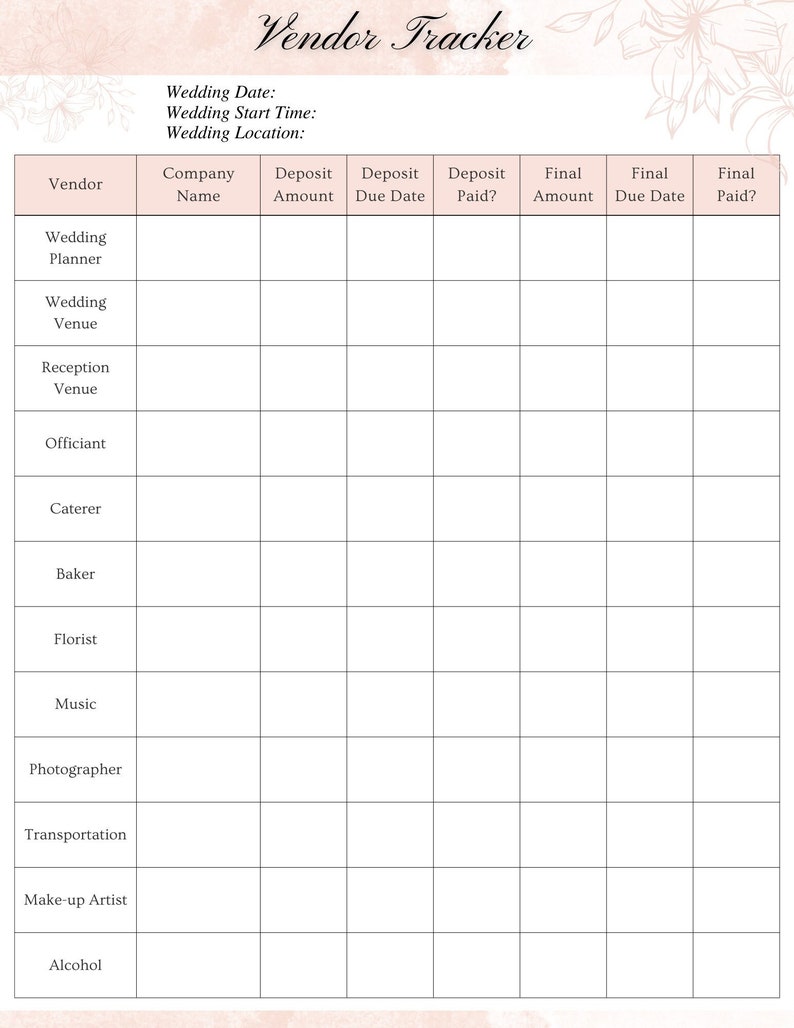 May include: A printable wedding vendor tracker checklist with columns for vendor name, deposit amount, deposit due date, deposit paid, final amount, final due date, and final paid.