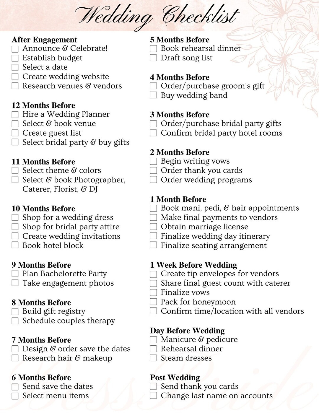 Wedding Checklist Editable Printable Instant Download Wedding Planner Wedding Template - Etsy