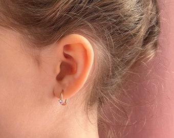 Pandora Solitaire Huggie Hoop Earrings 14K Rose Gold Plated with Blue Pink Purple Crystals Kids Small Earrings