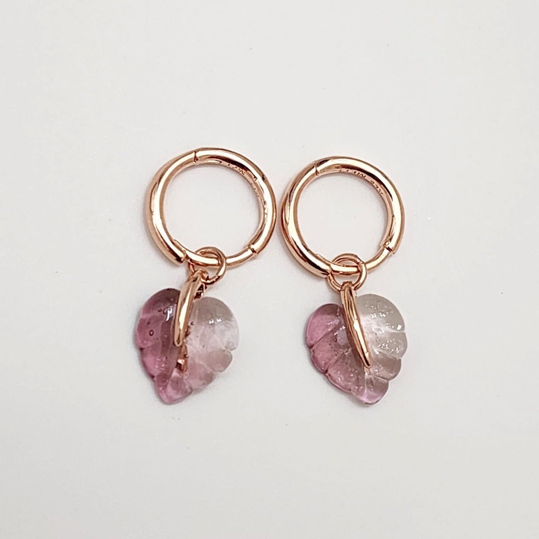 Pandora Pink Murano Glass Leaf Hoop Earrings 14K Rose Gold Plated