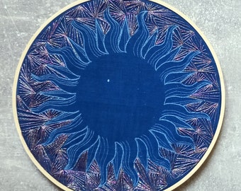 Embroidered cyanotype, handmade unique, embroidery hoop 20 cm