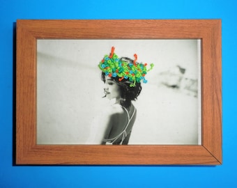 Embroidered photo "Summerdream blue", handmade unique, 17 cm wide, in frame