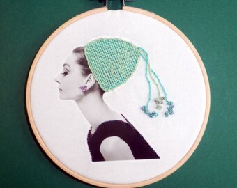 Embroidered photo "Audrey green", handmade unique, 14 cm, embroidery frame