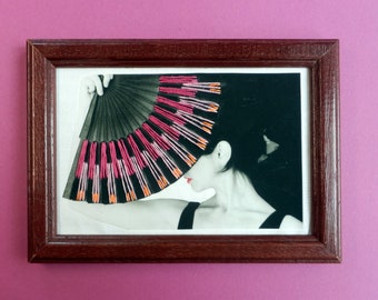 Embroidered photo "Flamenco pink", handmade unique, with wooden easel