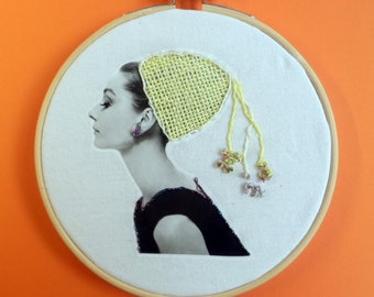 Embroidered photo "Audrey yellow", handmade unique, 14 cm, embroidery frame