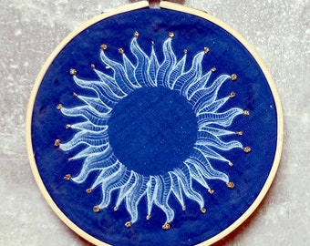Embroidered cyanotype, handmade unique, embroidery hoop 14 cm