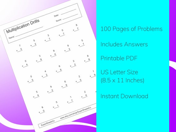 multiplication math worksheets single digit multiplication etsy