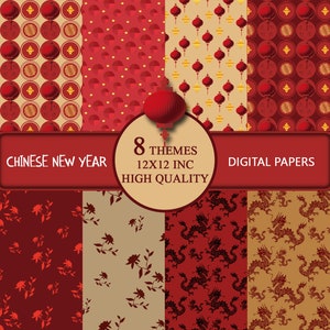 Chinese New Year Digital Paper, Lunar New Year Digital Paper, Asian Digital Paper, Red and Gold Pattern , Seamless Patterns