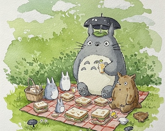 My Neighbor Totoro and Friends Having a Picnic Watercolor Digital Art