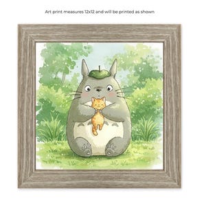 May include: A watercolor illustration of a gray Totoro character from the movie My Neighbor Totoro, holding a small orange cat. The background is a green forest with a light blue sky.