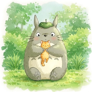 Puede incluir: Un personaje de dibujos animados gris y blanco con un sombrero verde que sostiene un pequeño gato naranja. El personaje está sentado en un campo de hierba verde.