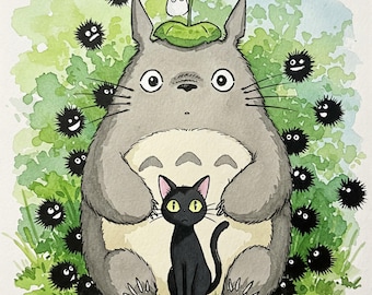 Ghibli Studio Totoro Black Soot Spirits and Black Cat Inspired Water Colors Digital Art