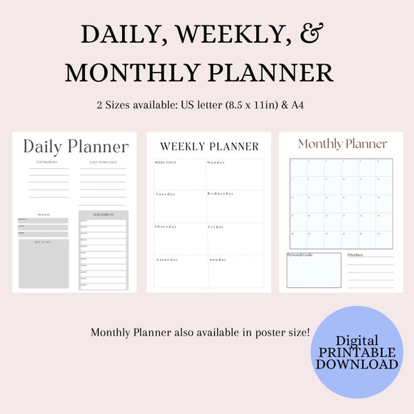 Daily Planner, Weekly Planner, Monthly Planner, Simple Planner,  Planner Bundle, Printable, Planners, Organization Planner Organization Tool