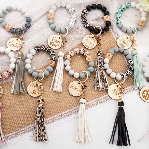 Silicone Beaded Key Ring Bracelet Monogram Beaded Keychain Etsy