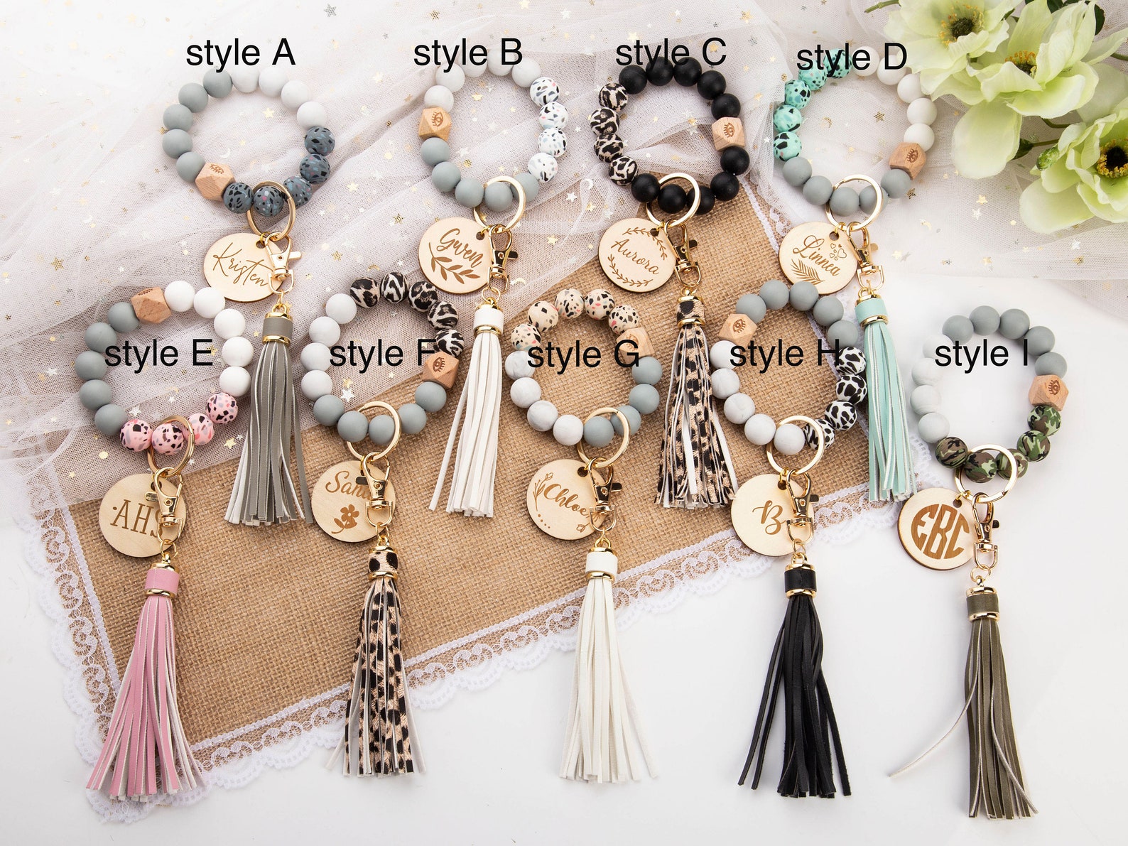 Silicone Beaded Key Ring Bracelet Monogram Beaded Keychain Etsy