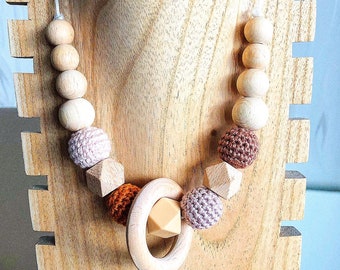 Brown tone rainbow colored nursing necklace with or without wooden ring