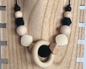 Collier allaitement réglable noir ivoire avec ou sans anneau en bois