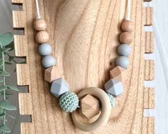 Nursing necklace with water green and gray beads