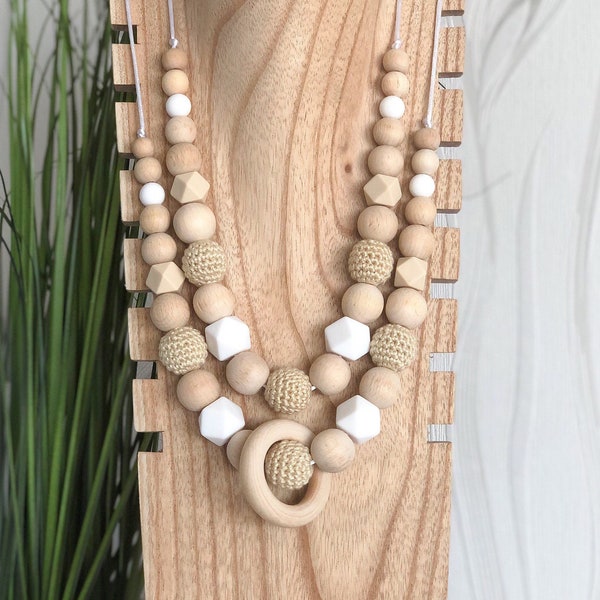 Collier allaitement coloris beige blanc, collier de portage, cadeau maternité