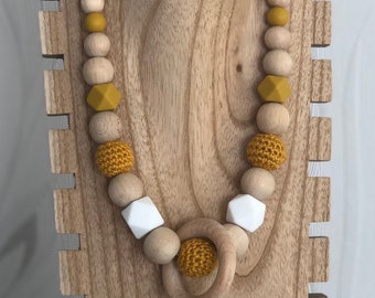 Collier d’allaitement, collier de portage moutarde , avec où sans anneau en bois