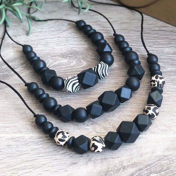 Collier d’allaitement en perles silicone noir, léopard, zèbre