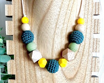 Nursing necklace, duck blue, yellow, sea green colors