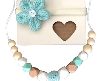 Collier allaitement réglable coloris turquoise, bandeau bébé assorti