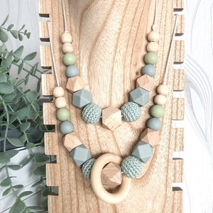 Collier allaitement vert deau, avec ou sans anneau en bois image 1