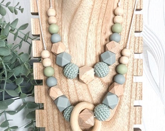 Collier allaitement vert d’eau, avec ou sans anneau en bois