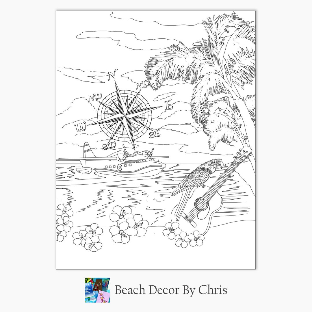 Tropical Island Beach Coloring Page Printable Coloring Page - Etsy