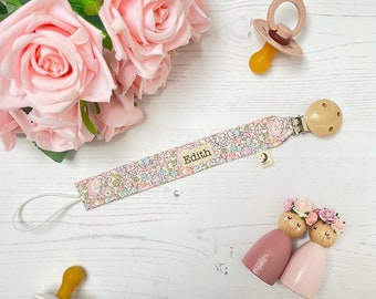 Personalised Liberty Print Dummy Clips / name announcement / pacifier clip/ fabric dummy chain/ baby shower gift