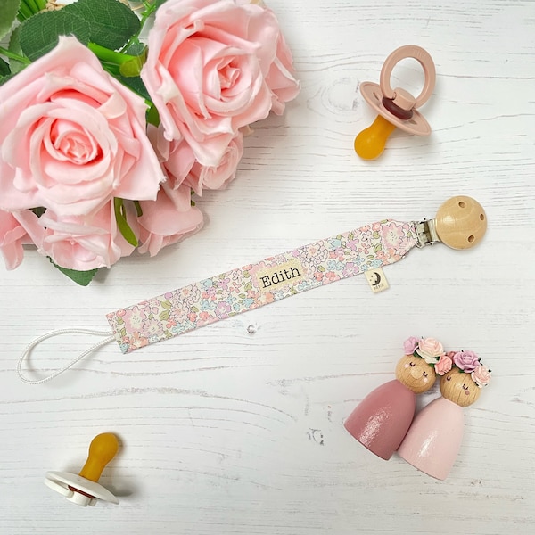 Personalised Liberty Print Dummy Clips / name announcement / pacifier clip/ fabric dummy chain/ baby shower gift