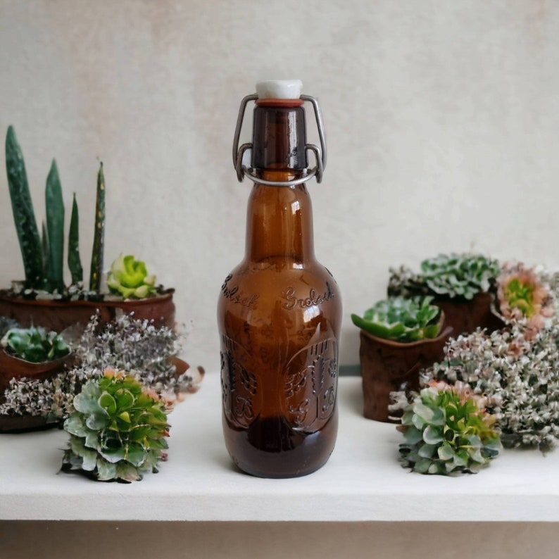 Vintage Grolsch Beer Bottle Brown Dark Amber Embossed Glass Swing Top