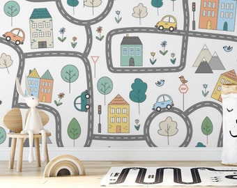 City Streets Kids Room Wallpaper, Fun Wallpaper, Wall Mural, Kids Room Decor, Baby Wall Art, Removable Wallpaper, Peel and Stick - 1053