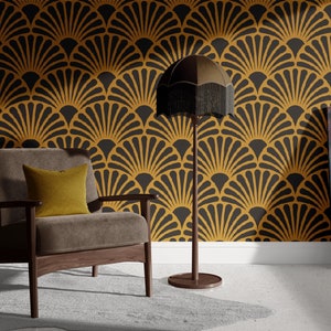 Gelbe Art Deco Tapete, schwarze und gelbe Tapete, dunkle abnehmbare Tapete, abzieh- und aufklebbare Tapete, Vintage Wohnkultur - 1204