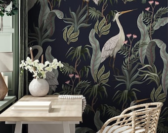 White Cranes Wallpaper, Large Animal Wallpaper, Navy Blue Wall Art, Botanical Wallpaper, Peel and Stick, Large Cranes, Botanical - 1085