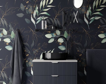 Dark Twigs Wallpaper, Peel and Stick Wallpaper, Green Leaves Wall Art, Modern Wallpaper, Removable Wallpaper, Vinyl Wallpaper, Home Decor