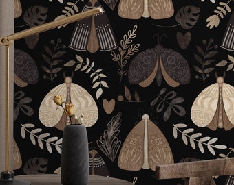 Brown Moths Wallpaper, Vintage Wall Art, Black Background Wallpaper, Removable Wallpaper, Peel and Stick Wallpaper, Retro Home Decor - 1392