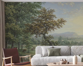 Watercolor landscape view wall art panoramic wallpaper, regular or peel and stick wallpaper, tree wall mural animal vintage wallpaper 1747