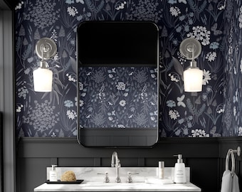 Dark Blue Floral Wallpaper, Peel and Stick Wallpaper, Green Leaves Wall Art, Modern Wallpaper, Removable Wallpaper, Vinyl Wallpaper - 1875