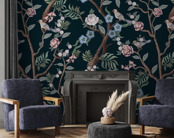 Watercolor Birds at Night, Peel and Stick Wallpaper, Dark Wallpaper, Blue Nature Mural, Animal Wall Art Decor, Removable Wallpaper -  1336
