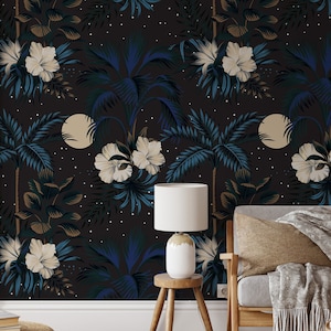 Dark Tropical Palm Tree Wallpaper, Renters Wallpaper, Peel and Stick Wallpaper, Palm Tree, White Floral, Blue Large Leaves, Decor - 1057