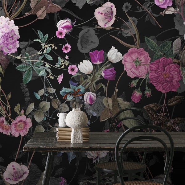 Dark Floral Wallpaper, Peel and Stick, Removable Wallpaper, Gothic Wallpaper, Black Wall Mural, Botanical, Vintage Floral Wallpaper - 1063