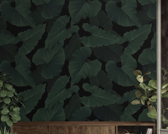 Art mural grandes feuilles de mauvaise humeur sombre, papier peint grandes feuilles, botanique sombre, feuilles vertes, nature sombre, papier peint amovible locataires - 1061