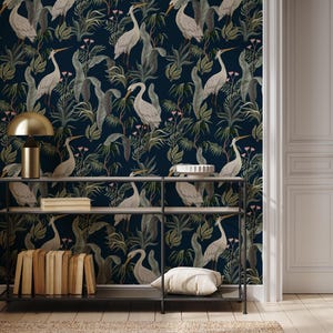 White Cranes, Navy Botanical Wallpaper, Peel and Stick or Non Woven Wallpaper