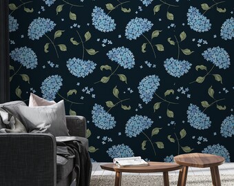 Blue Garden Wallpaper, Vintage Floral Mural, Wall Art, Removable Wallpaper, Peel and Stick Wallpaper, Dark Wallpaper, Blue Flowers - 1582