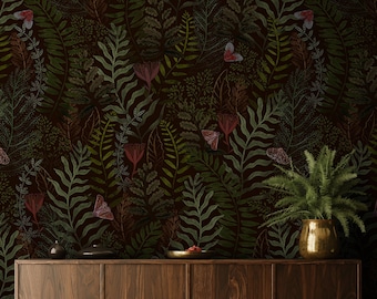 Dark Moody Wallpaper, Red Butterflies, Botanical, Red Butterfly, Ferns, Dark Green Leaves, Jungle Wall Art, Peel and Stick Wallpaper - 1578