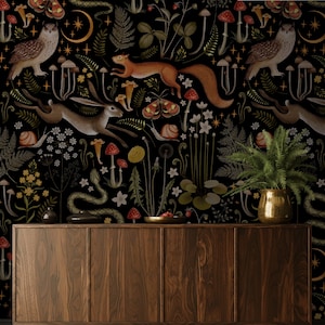 Carta da parati con funghi della foresta oscura, carta da parati staccabile e adesiva, carta da parati rimovibile, arredamento per la casa, stampa animalier vintage, arte murale naturalistica - 1583